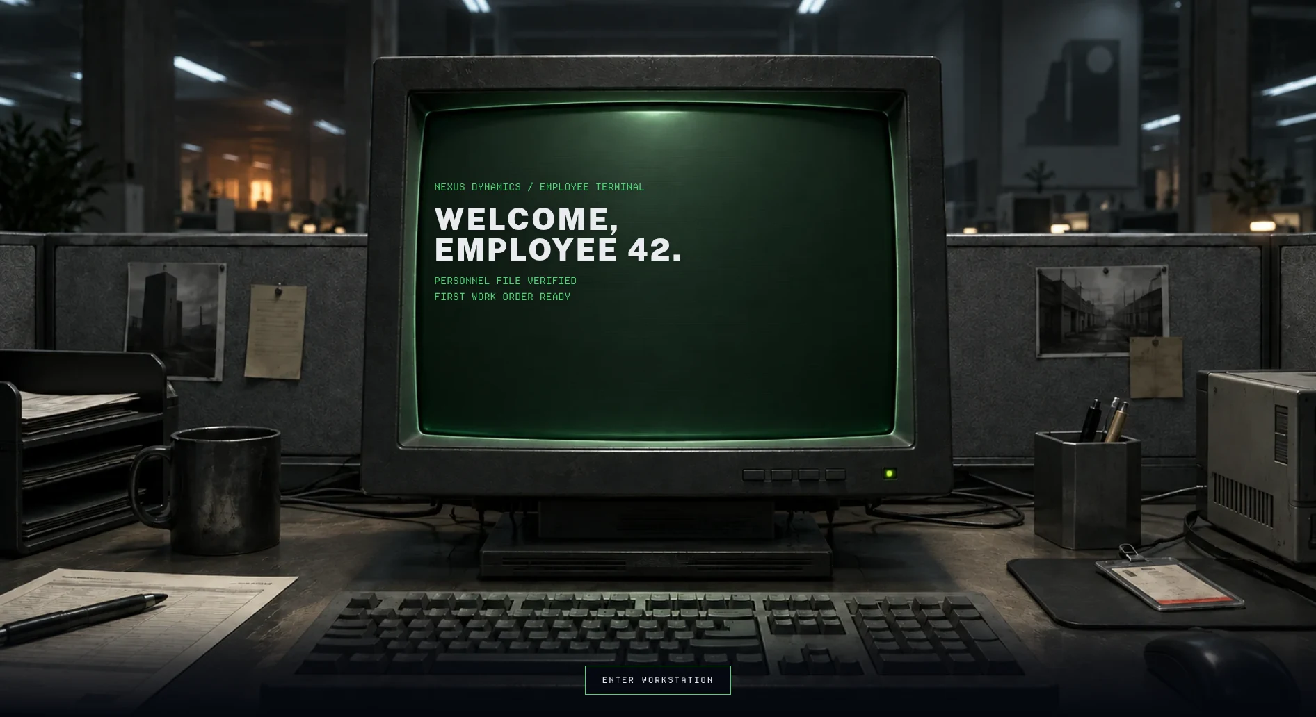 First-person view of the employee desk, with a lit terminal ready to enter.